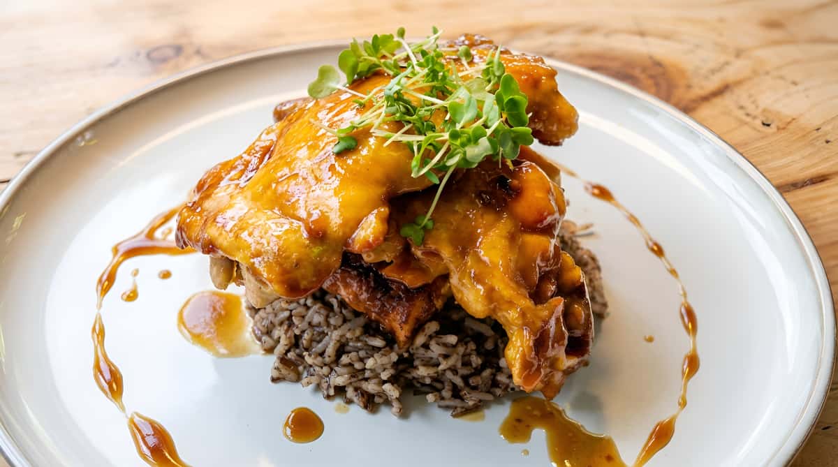 Glazed chicken served over rice with sauce drizzled on top and microgreens garnish
