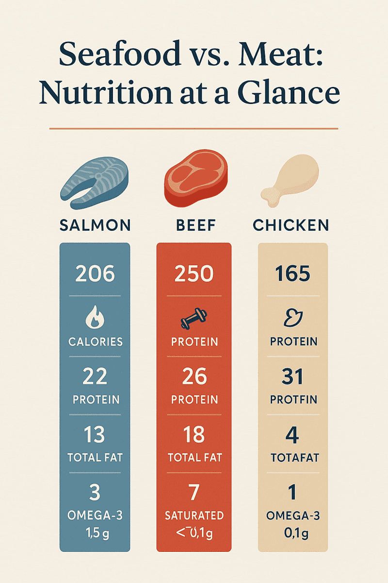 Split-screen image comparing fresh seafood and premium meat cuts with a Miami waterfront backdrop