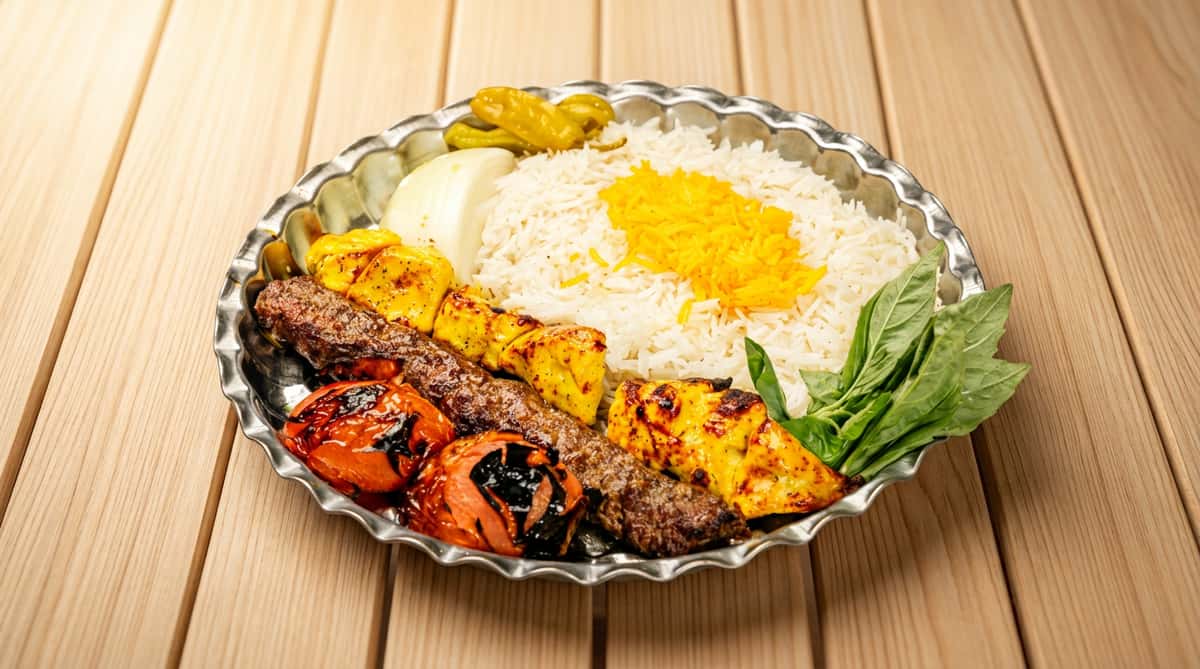 Persian kebab platter with basmati rice, saffron, grilled tomatoes, ground meat skewer, chicken pieces, onion, and herbs.