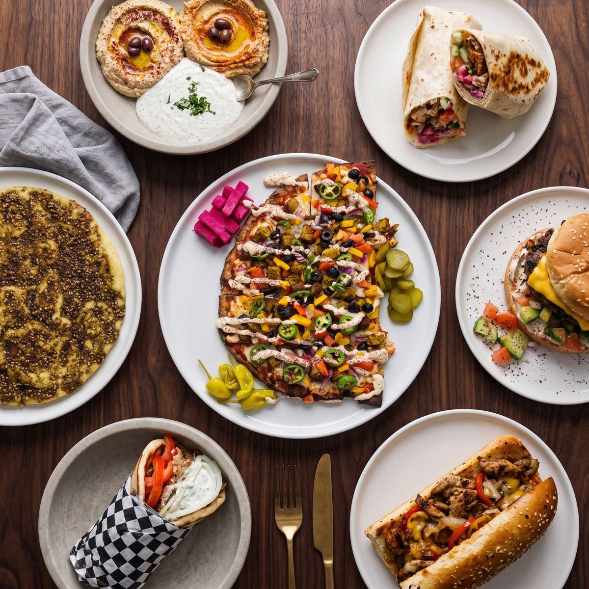 Sangak Flatbread Pizza, Zaatar Manaeesh, Gyros and Cheese Steak Sandwiches, Dip Sampler, Burger and Shawarma