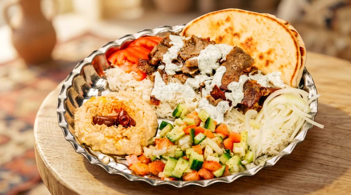 Gyros plate with sliced meat, tzatziki, white rice, pita bread, hummus, sliced tomatoes, and cucumber-tomato salad.