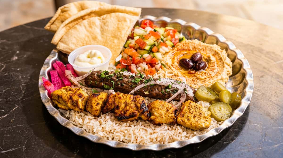 Kebab platter with chicken and kofta skewers on rice, hummus, salad, pita bread, pickles, and garlic sauce.