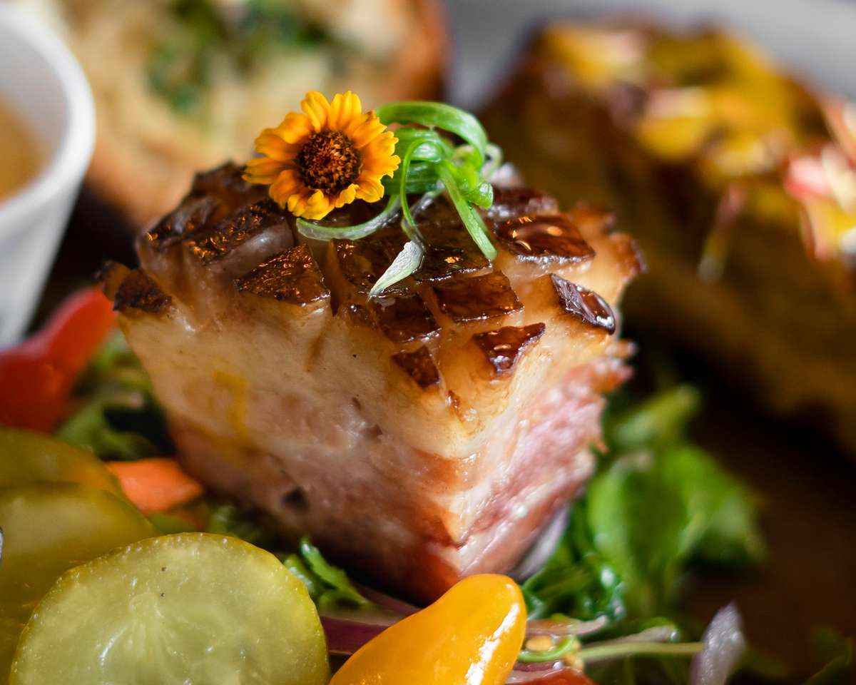 Pork piece with topping