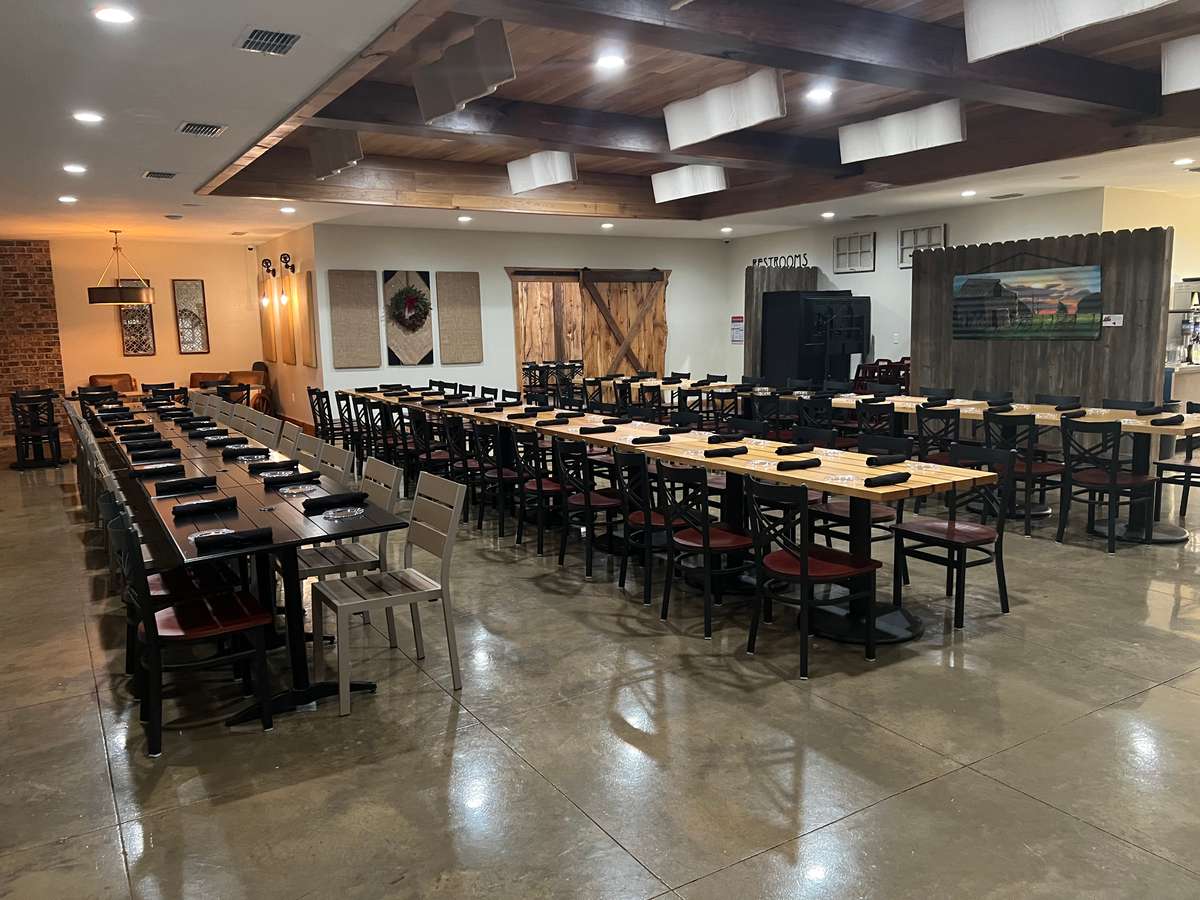 Dining room set for an event.