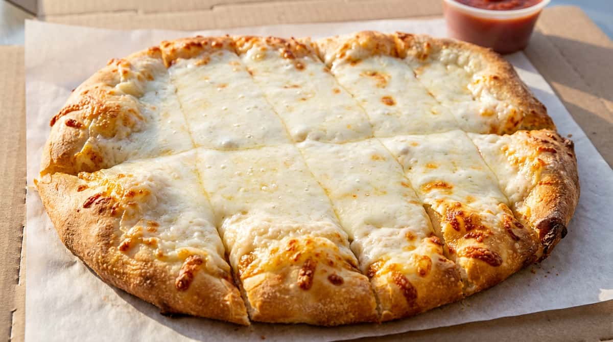 Cheesy breadsticks cut into squares, with a side of marinara sauce.
