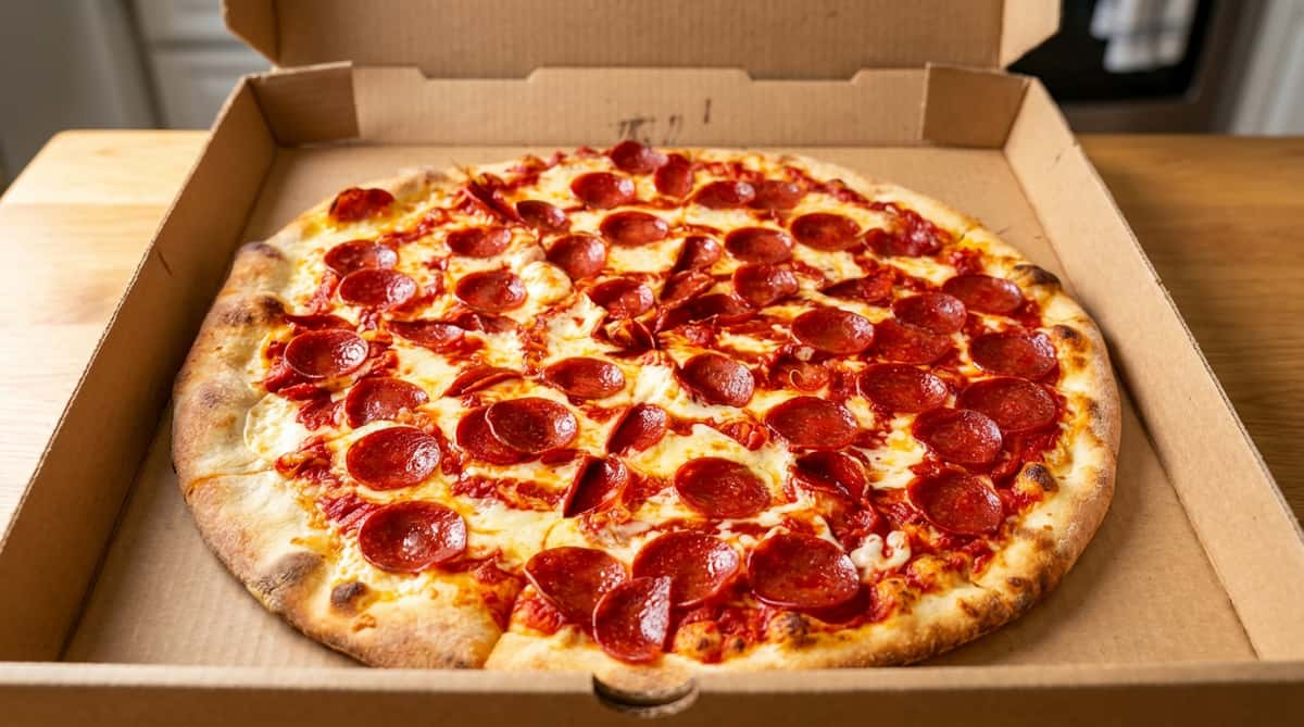 Pepperoni pizza with melted mozzarella and tomato sauce in a cardboard box.