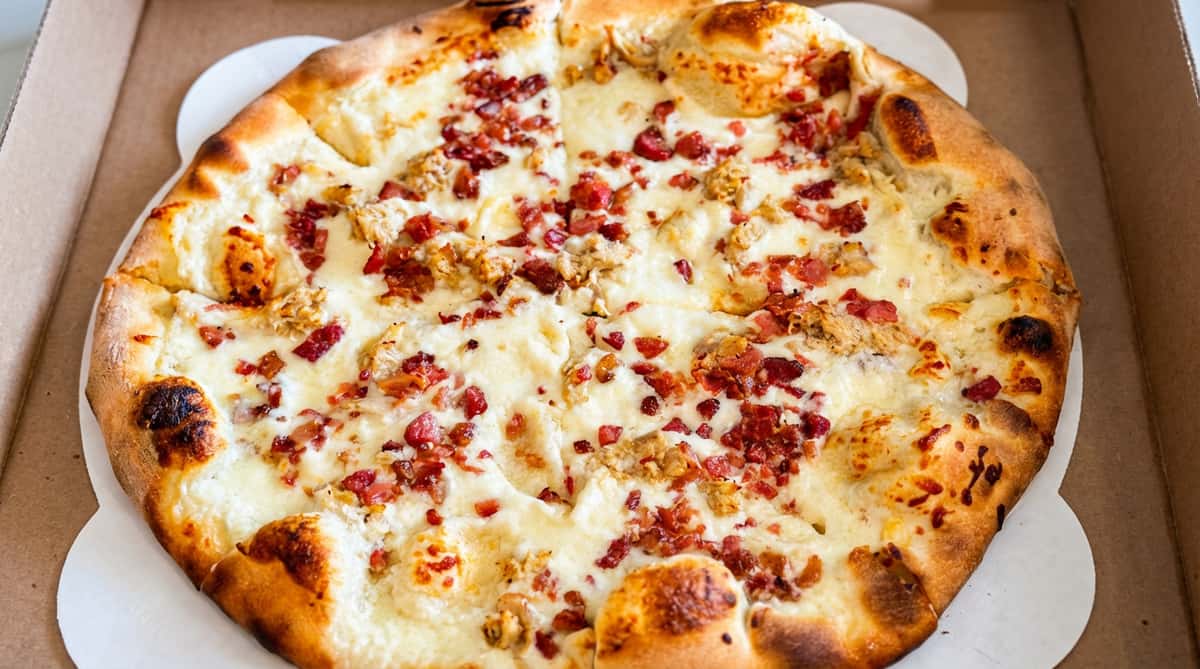 White pizza with melted mozzarella, crumbled bacon, and sausage.