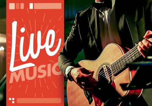 Live Music lettering with a Guitar player