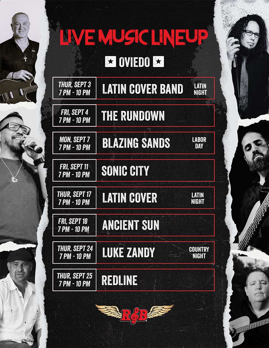 Promotional graphic titled "Live Music Lineup" for the Oviedo location of Rock & Brews, surrounded by black-and-white pictures of musical artists, with the schedule:  Thur, Sept 3 (7 PM - 10 PM): Latin Cover Band (Latin Night),  Fri, Sept 4 (7 PM - 10 PM): The Rundown,  Mon, Sept 7 (7 PM - 10 PM): Blazing Sands (Labor Day),  Fri, Sept 11 (7 PM - 10 PM): Sonic City,  Thur, Sept 17 (7 PM - 10 PM): Latin Cover (Latin Night),  Fri, Sept 18 (7 PM - 10 PM): Ancient Sun,  Thur, Sept 24 (7 PM - 10 PM): Luke Zandy (Country Night),  Thur, Sept 25 (7 PM - 10 PM): Redline