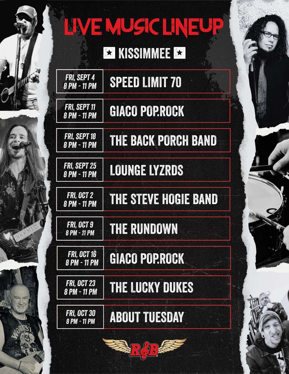 Promotional graphic titled "Live Music Lineup" for the Kissimmee location of Rock & Brews, flanked by black-and-white photos of performing musicians, with the following schedule: Fri, Sept 4 (8 PM - 11 PM): Sass! Fri, Sept 11 (8 PM - 11 PM): Giaco Pop.Rock Fri, Sept 18 (8 PM - 11 PM): The Back Porch Band Fri, Sept 25 (8 PM - 11 PM): Lounge Lyzrds Fri, Oct 2 (8 PM - 11 PM): The Steve Hogie Band Fri, Oct 9 (8 PM - 11 PM): The Rundown Fri, Oct 16 (8 PM - 11 PM): Giaco Pop.Rock Fri, Oct 23 (8 PM - 11 PM): The Lucky Dukes Fri, Oct 30 (8 PM - 11 PM): About Tuesday