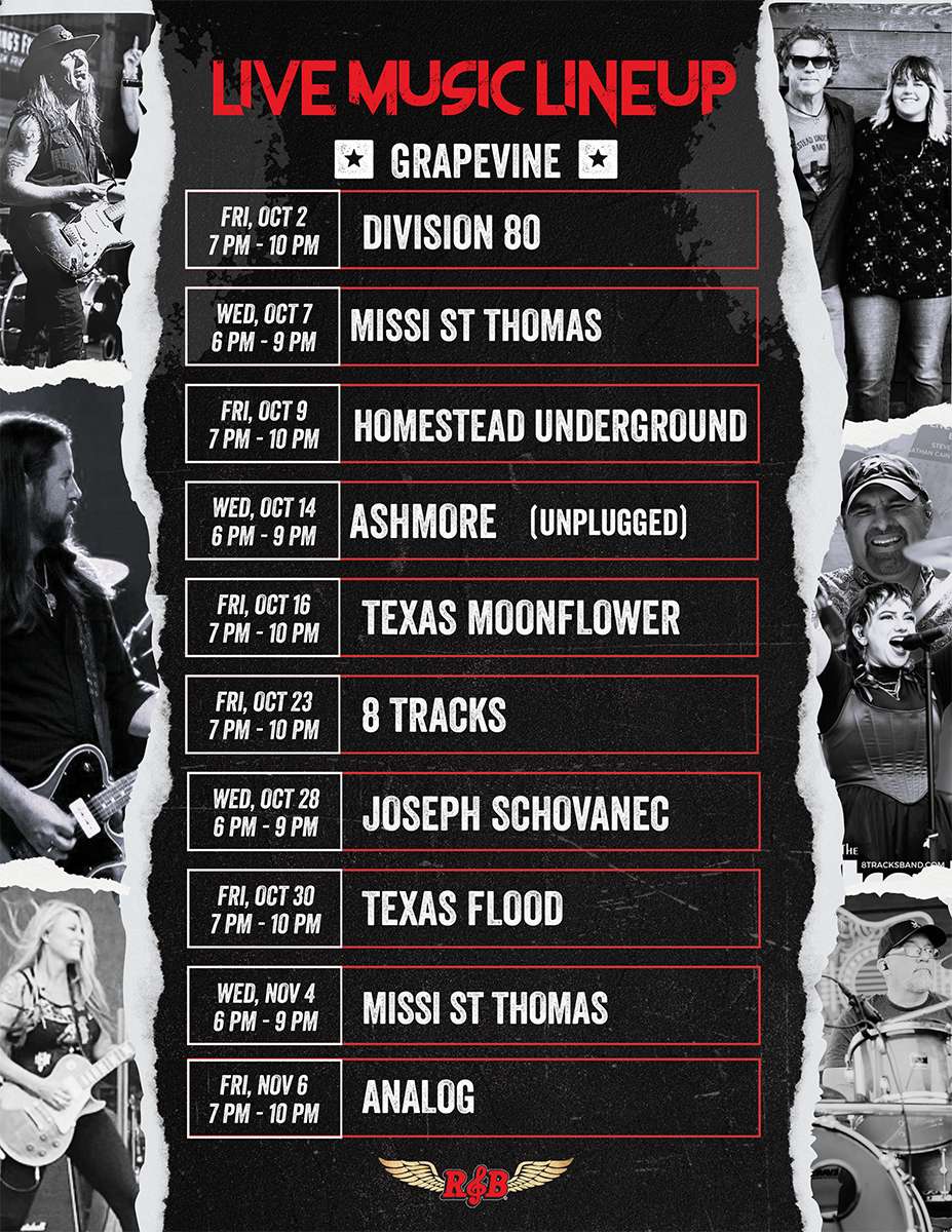Live Music Lineup flyer for Rock & Brews Grapevine with the following schedule: Fri, Oct 2 (7 PM - 10 PM): Division 80 Wed, Oct 7 (6 PM - 9 PM): Missi St Thomas Fri, Oct 9 (7 PM - 10 PM): Homestead Underground Wed, Oct 14 (6 PM - 9 PM): Ashmore (Unplugged) Fri, Oct 16 (7 PM - 10 PM): Texas Moonflower Fri, Oct 23 (7 PM - 10 PM): 8 Tracks Wed, Oct 28 (6 PM - 9 PM): Joseph Schovanec Fri, Oct 30 (7 PM - 10 PM): Texas Flood Wed, Nov 4 (6 PM - 9 PM): Missi St Thomas Fri, Nov 6 (7 PM - 10 PM): Analog