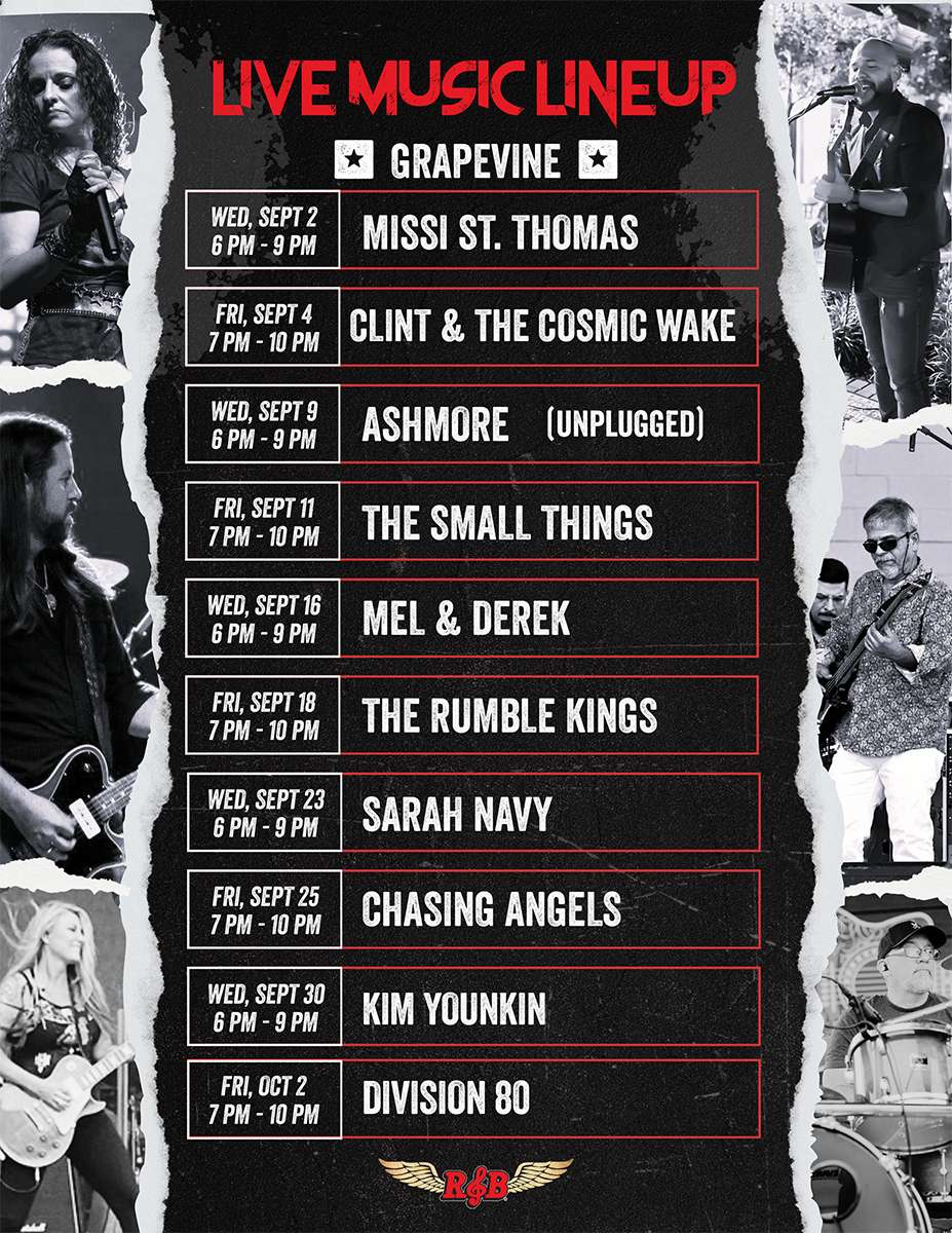 September–October 2026 Live Music Lineup at Rock & Brews Grapevine featuring Missi St. Thomas, Clint & The Cosmic Wake, Ashmore Unplugged, The Small Things, Mel & Derek, The Rumble Kings, Sarah Navy, Chasing Angels, Kim Younkin, and Division 80