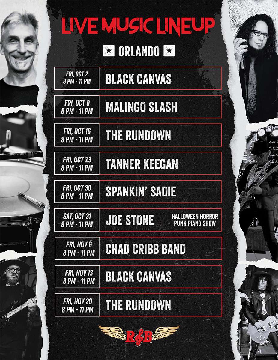 Live Music Lineup flyer for Rock & Brews Orlando with the following schedule: Fri, Oct 2 (8 PM - 11 PM): Black Canvas Fri, Oct 9 (8 PM - 11 PM): Malingo Slash Fri, Oct 16 (8 PM - 11 PM): The Rundown Fri, Oct 23 (8 PM - 11 PM): Tanner Keegan Fri, Oct 30 (8 PM - 11 PM): Spankin' Sadie Sat, Oct 31 (8 PM - 11 PM): Joe Stone (Halloween Horror Punk Piano Show) Fri, Nov 6 (8 PM - 11 PM): Chad Cribb Band Fri, Nov 13 (8 PM - 11 PM): Black Canvas Fri, Nov 20 (8 PM - 11 PM): The Rundown
