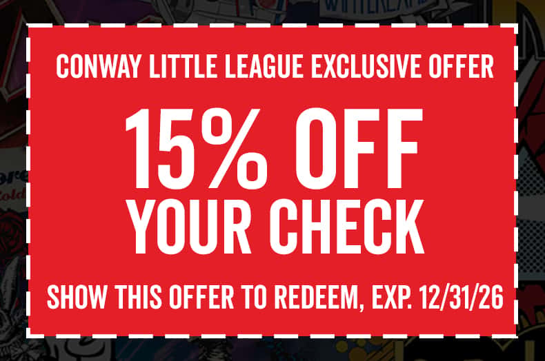 Conway Little League Coupon offer for 15% off of your check. Please show this offer to redeem. Cannot be combined with any other offers. Valid dine in only.