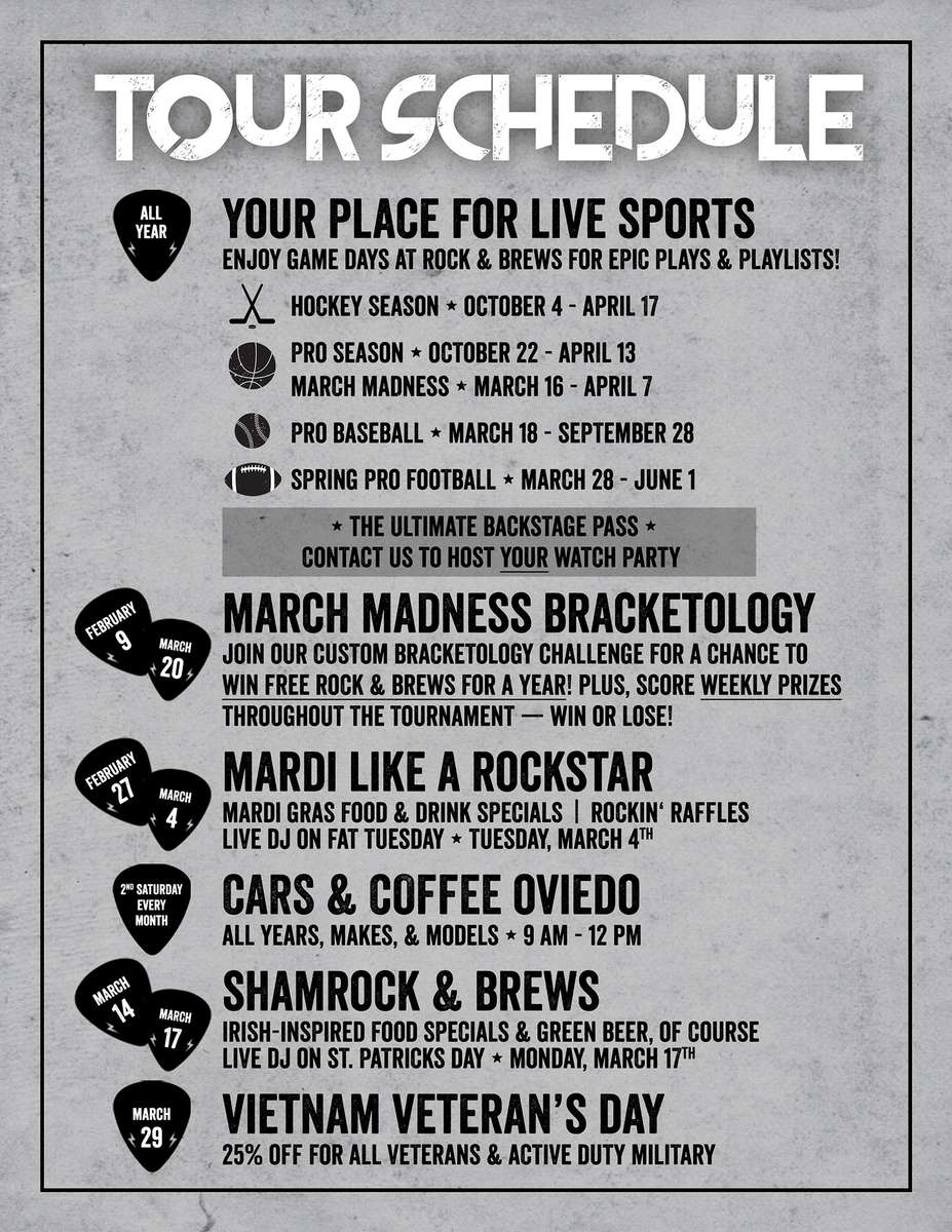 Upcoming events for Rock & Brews Oviedo: Live Sports, March Madness, Mardi Gras, Car Shows, St. Patrick's Day & More!