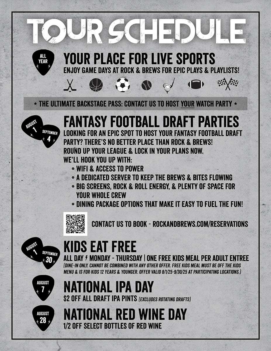 August events at Rock & Brews Live Sports, Kids Eat Free, National IPA Day, National Red Wine Day
