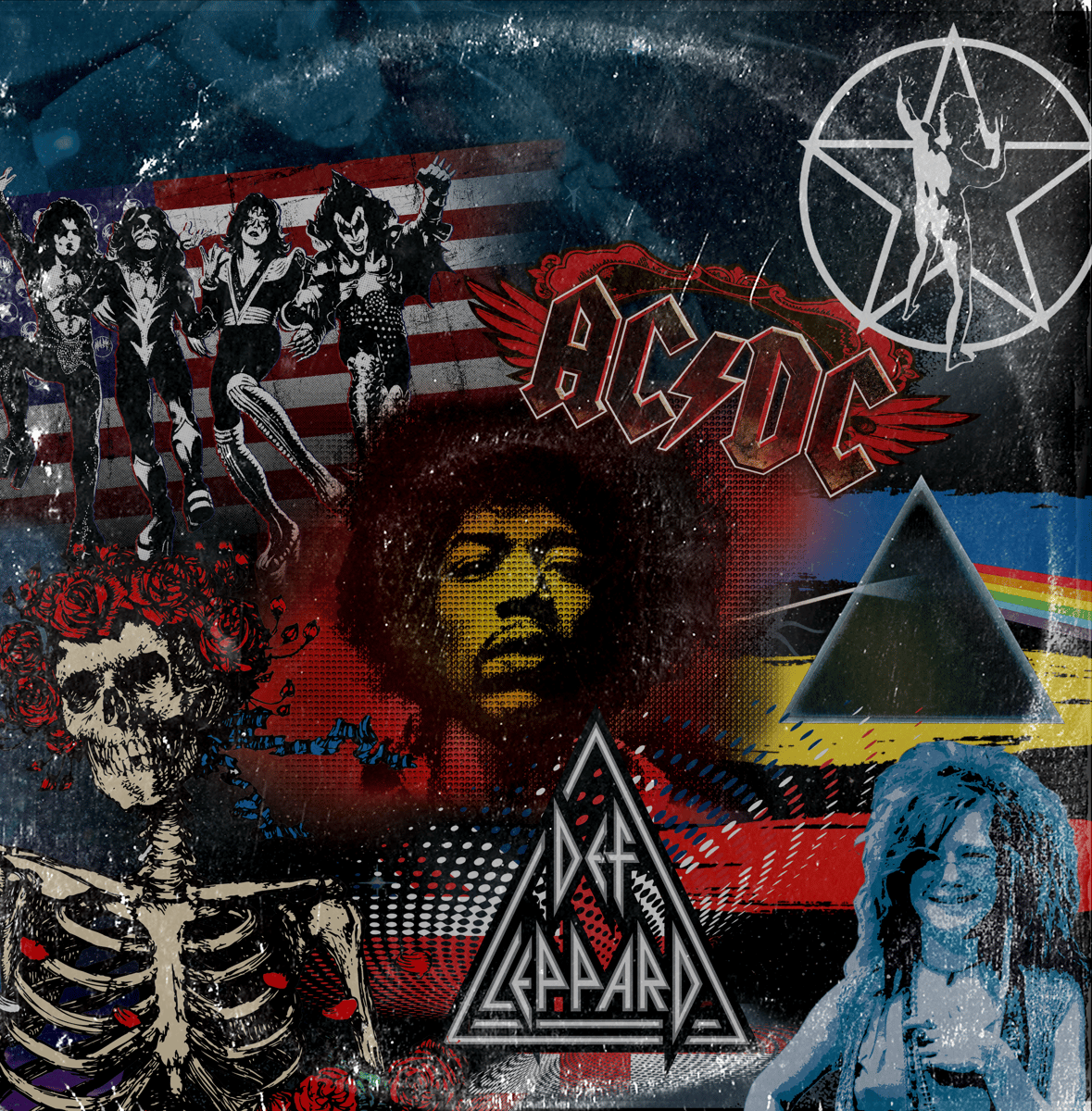 ACDC, Jimmy Hendrix, Pink Floyd wall mural