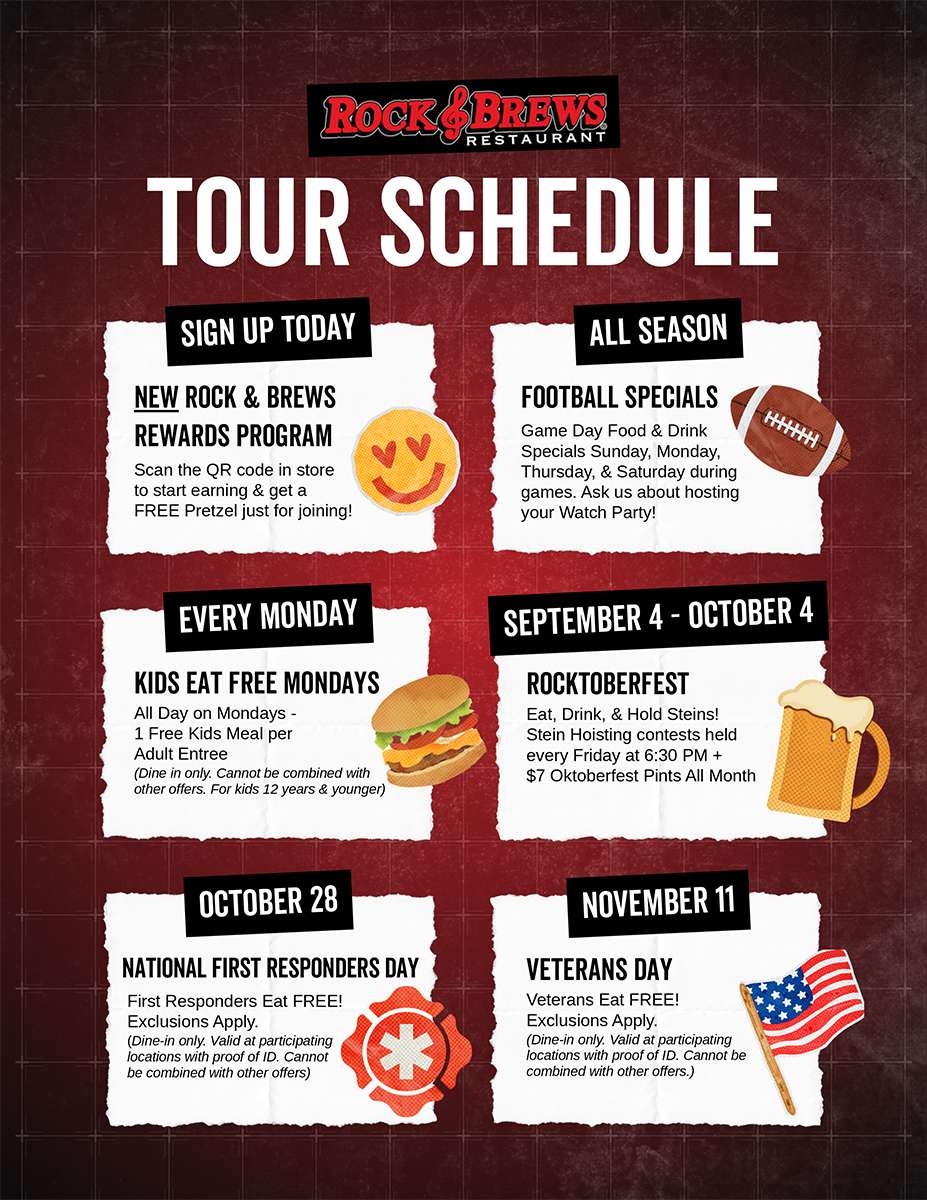 Rock & Brews Restaurant promotional flyer displaying various recurring deals and events, including a Rewards Program, Football Specials, Kids Eat Free Mondays, Rocktoberfest, National First Responders Day, and Veterans Day.
