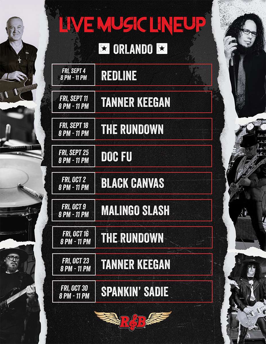 Promotional graphic titled "Live Music Lineup" for the Orlando location of Rock & Brews, featuring black-and-white photos of musicians along the borders and a central performance schedule:  Fri, Sept 4 (8 PM - 11 PM): Redline  Fri, Sept 11 (8 PM - 11 PM): Tanner Keegan  Fri, Sept 18 (8 PM - 11 PM): The Rundown  Fri, Sept 25 (8 PM - 11 PM): Doc Fu  Fri, Oct 2 (8 PM - 11 PM): Black Canvas  Fri, Oct 9 (8 PM - 11 PM): Malingo Slash  Fri, Oct 16 (8 PM - 11 PM): The Rundown  Fri, Oct 23 (8 PM - 11 PM): Tanner Keegan  Fri, Oct 30 (8 PM - 11 PM): Spankin' Sadie