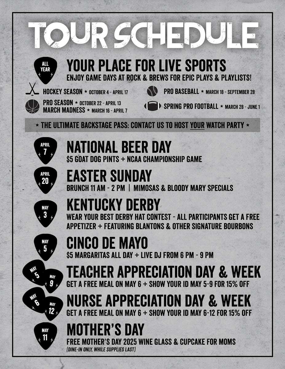 Rock & Brews Orlando upcoming events : Your place for Live Sports, National Beer Day, Kentucky Derby, Easter Sunday, Cinco de Mayo, National Teacher Appreciation Week, National Nurse Appreciation Week, and more!