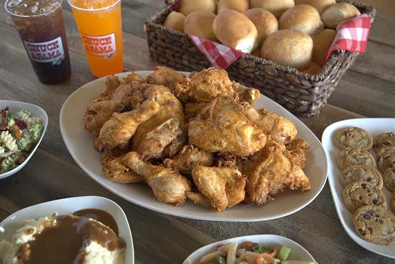 Fried chicken meal from Chuck A Rama with chicken, rolls, potatoes, cookies, and more