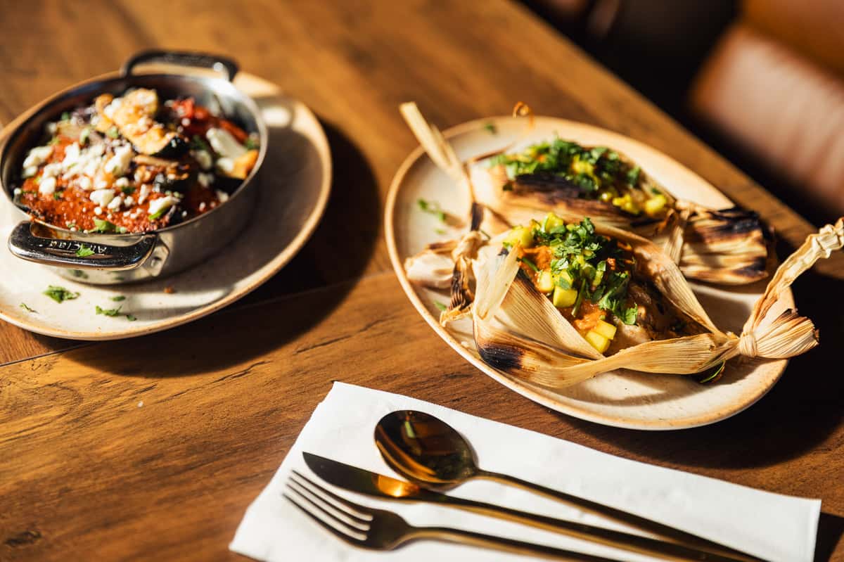 Shrimp tamales, Huevos Rancheros Breakfast