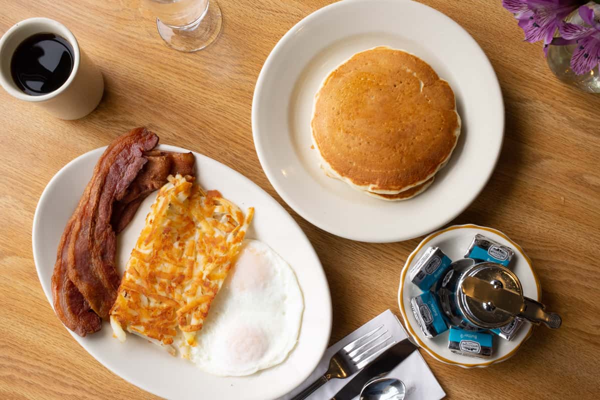 eggs any style with a side of pancakes