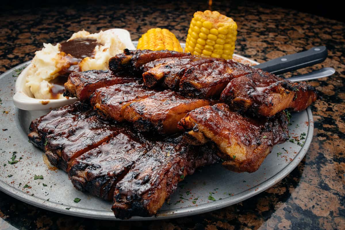 Ribs, mashed potatoes and corn