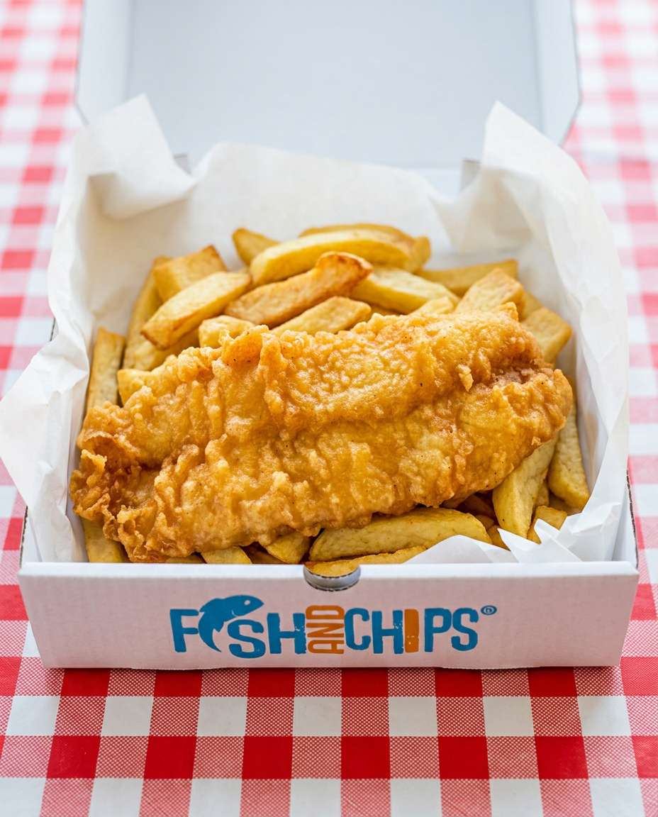 Fish and chips in a paper-lined cardboard box, with a red and white checkered tablecloth in the background.