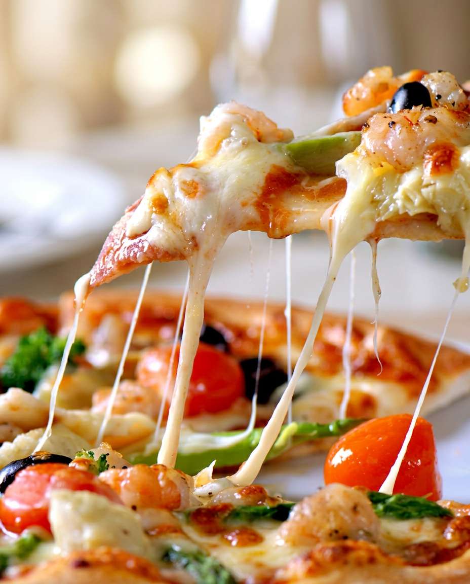 Pizza slice with stretching melted cheese, topped with shrimp, cherry tomatoes, and black olives.