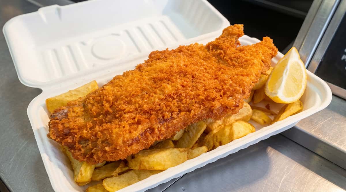 Crispy fried fish with golden brown chips and a lemon wedge, served in a white takeaway container.