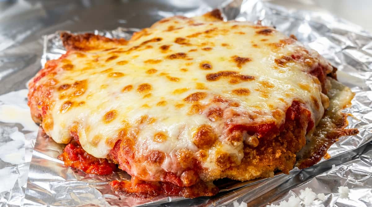 Chicken or veal parmesan topped with melted, bubbly mozzarella cheese and red sauce, in aluminum foil.
