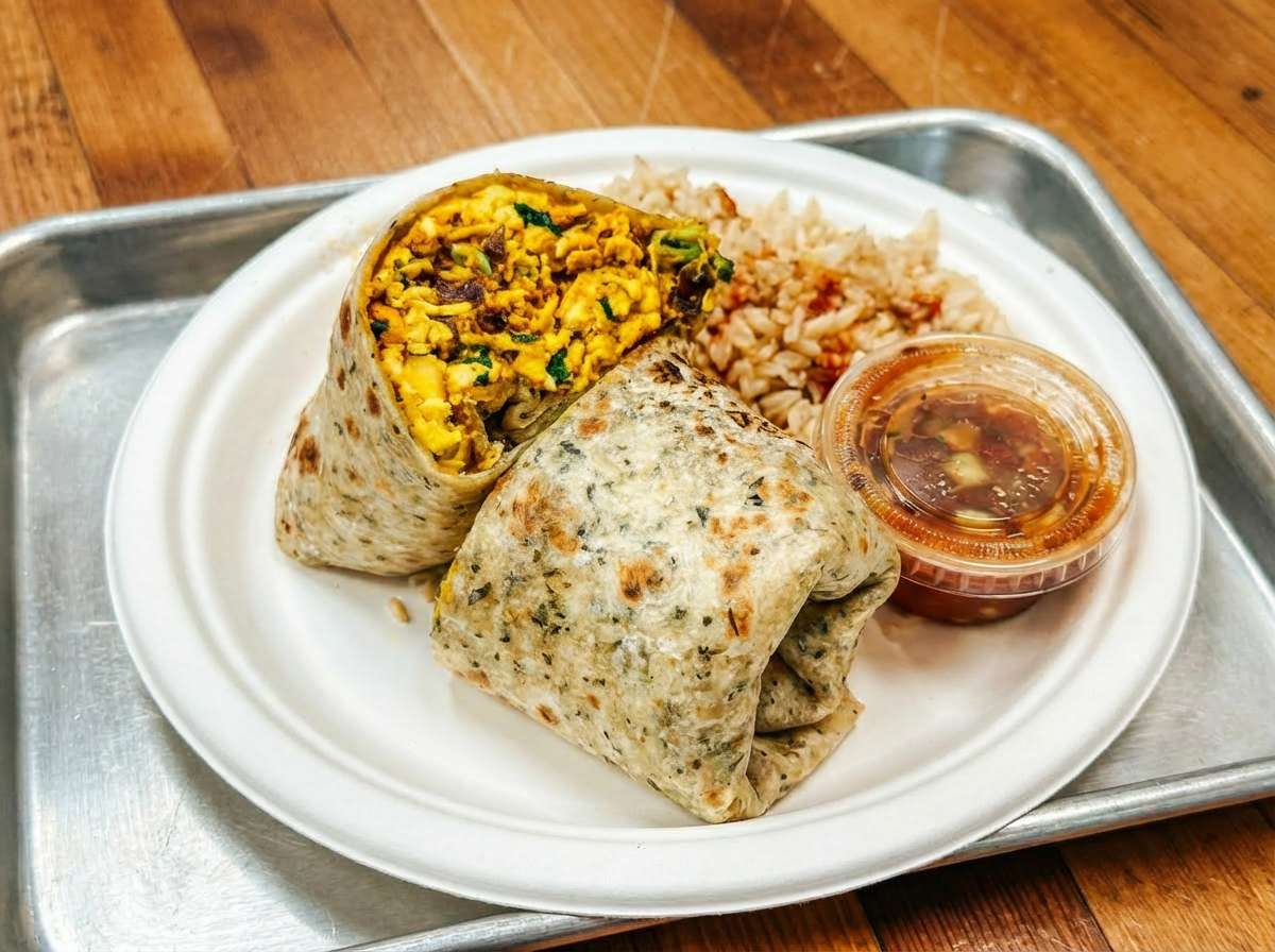 Breakfast burrito with rice and salsa