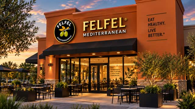 FelFel Mediterranean storefront at dusk with outdoor patio seating in Denver