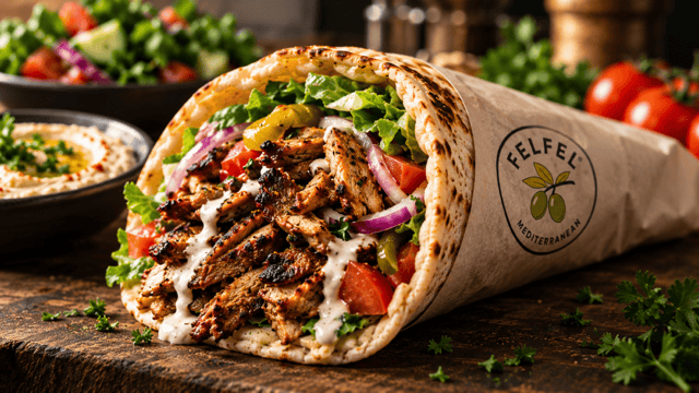 FelFel chicken shawarma sandwich in warm pita with lettuce, tomato, red onion and tahini