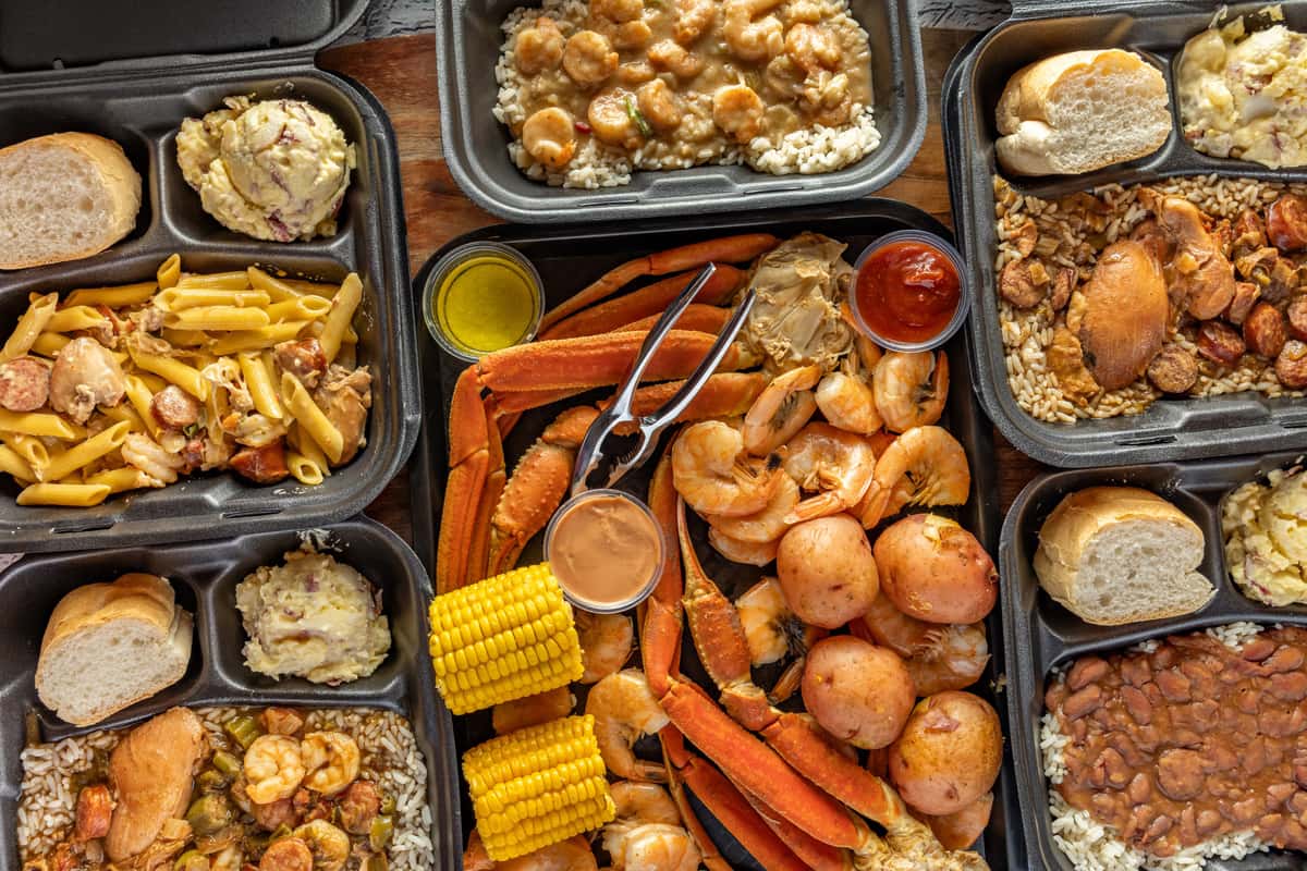 top view shot of of seafood dishes