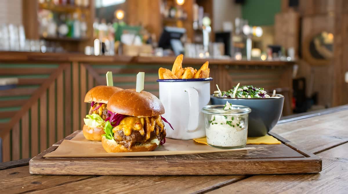 Two mini burgers with cheese and red cabbage, a mug of potato wedges, coleslaw, and a dip on a wooden bar.