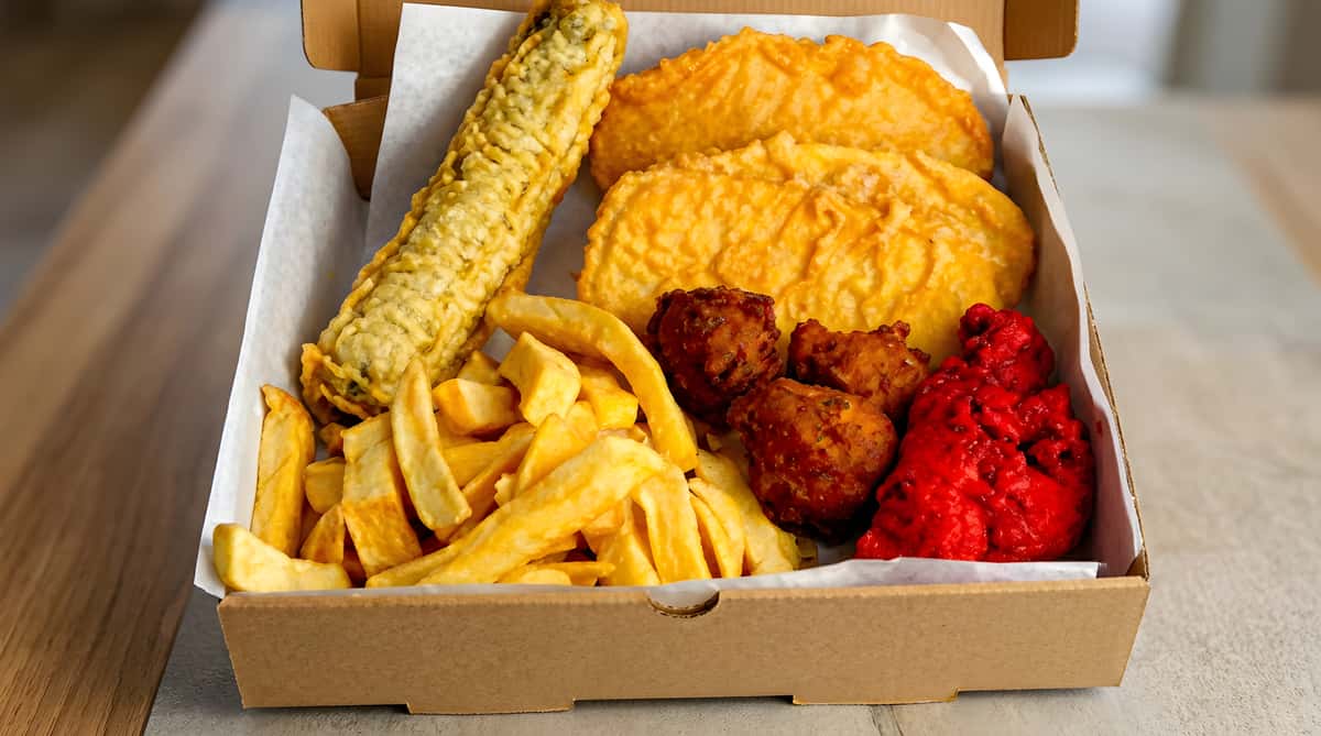 Fish and chips takeaway box with two fried fish fillets, thick-cut fries, a sausage, three brown fritters, and red sauce.