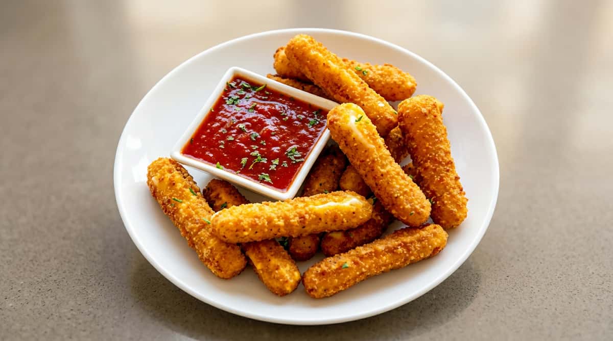 Mozzarella sticks with a side of marinara sauce, garnished with chives on a white plate.