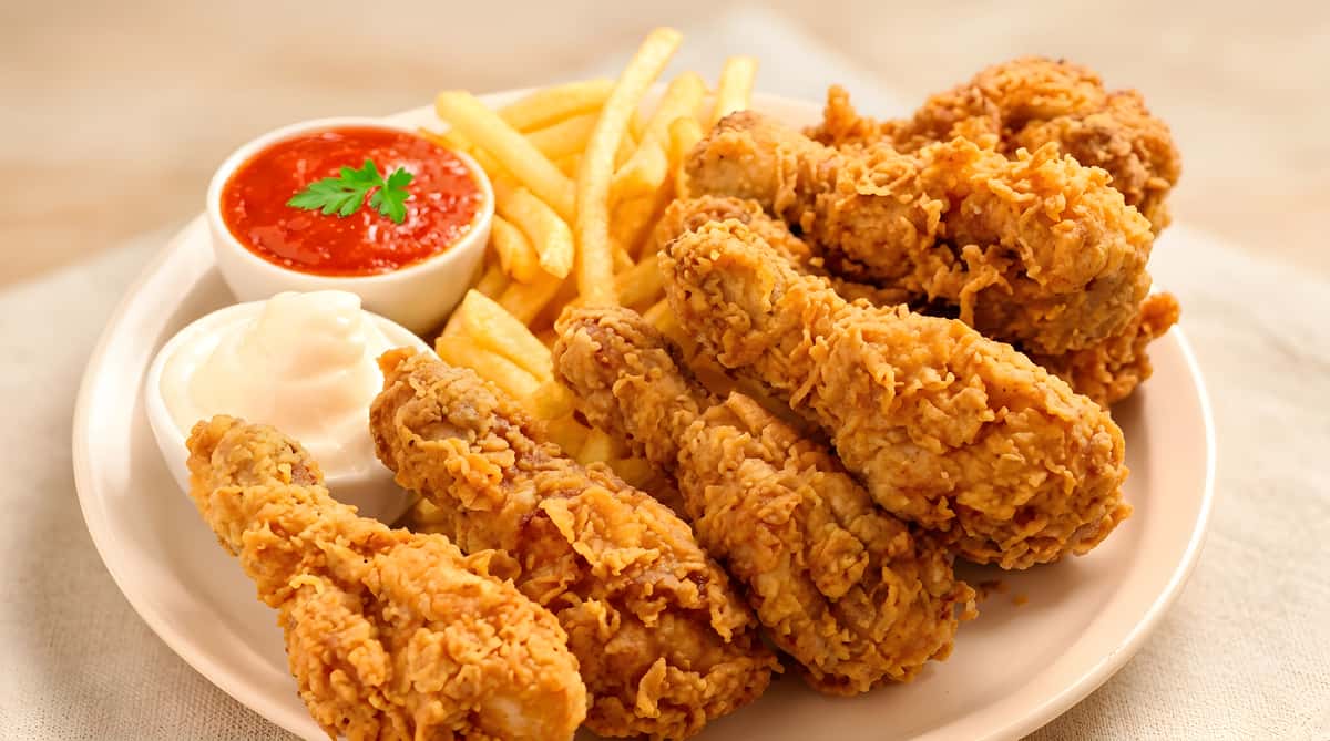 Crispy fried chicken drumsticks and french fries with small bowls of ketchup and mayonnaise.