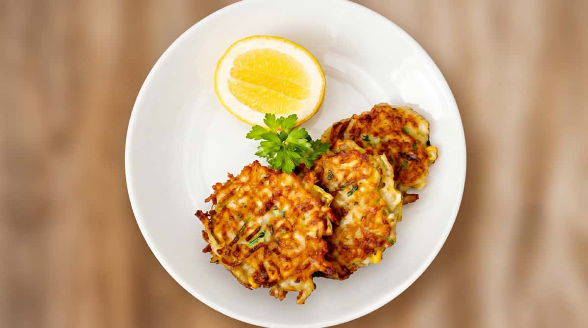 Three golden-brown zucchini fritters with a lemon wedge and parsley sprig on a white plate.