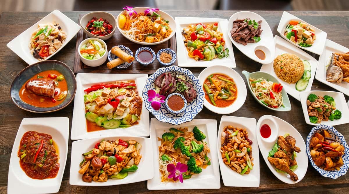 A large wood table filled with various Thai dishes including noodles, curries, stir-fries, and spring rolls.