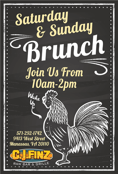 saturday and sunday brunch join us from 10am-2pm.  9413 west street manassas, va 20110 571-292-1742