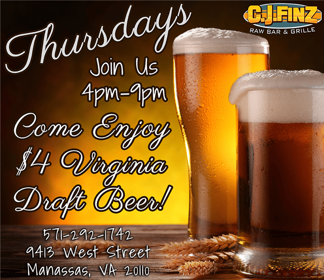thursdays join us 4pm-9pm come enjoy $4 virginia draft beer!  9413 west street manassas, va 20110 571-292-1742