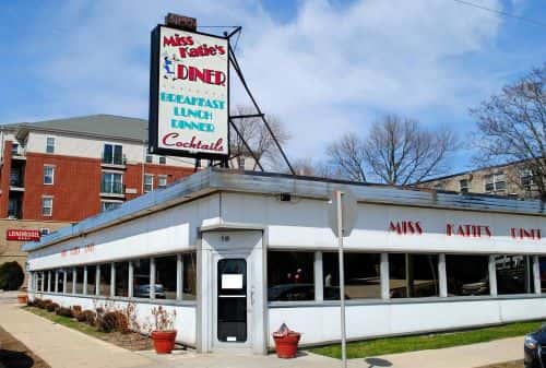 exterior of the building with sign that says Miss Katie's Diner | Restaurant, Lunch, Dinner, Cocktails