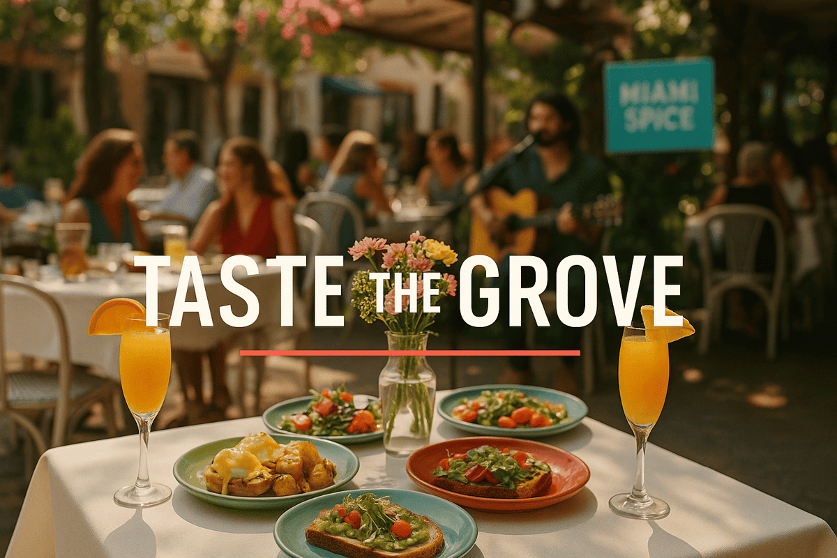 Colorful outdoor brunch in Coconut Grove with tropical drinks, seasonal dishes, and live music during Miami Spice event.