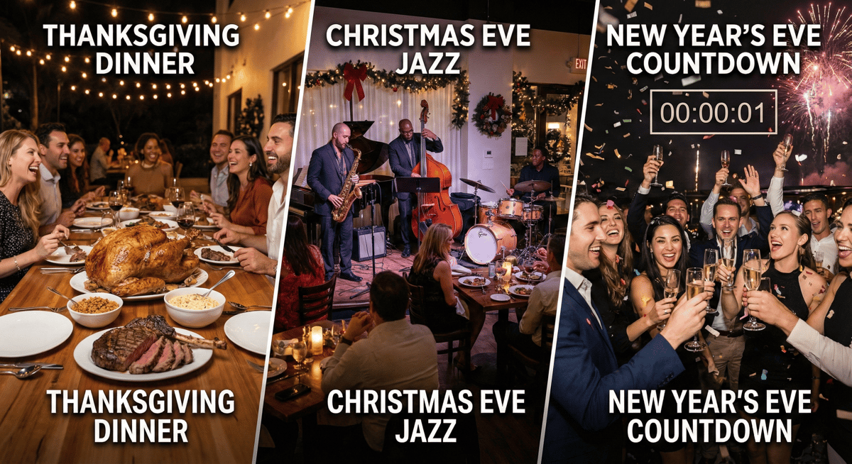 Collage of Thanksgiving, Christmas Eve, and New Year's Eve events at Glass & Vine's outdoor patio.