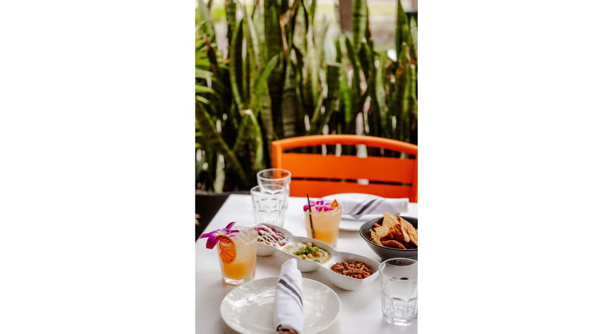 Cocktails with purple orchid garnish served with chips and assorted dips on a white outdoor table with orange chair backdrop.
