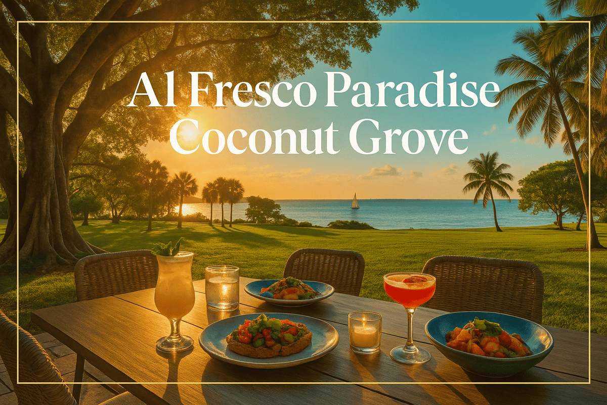Lush outdoor dining table at Peacock Park in Coconut Grove with cocktails, seafood, and Biscayne Bay views at sunset.