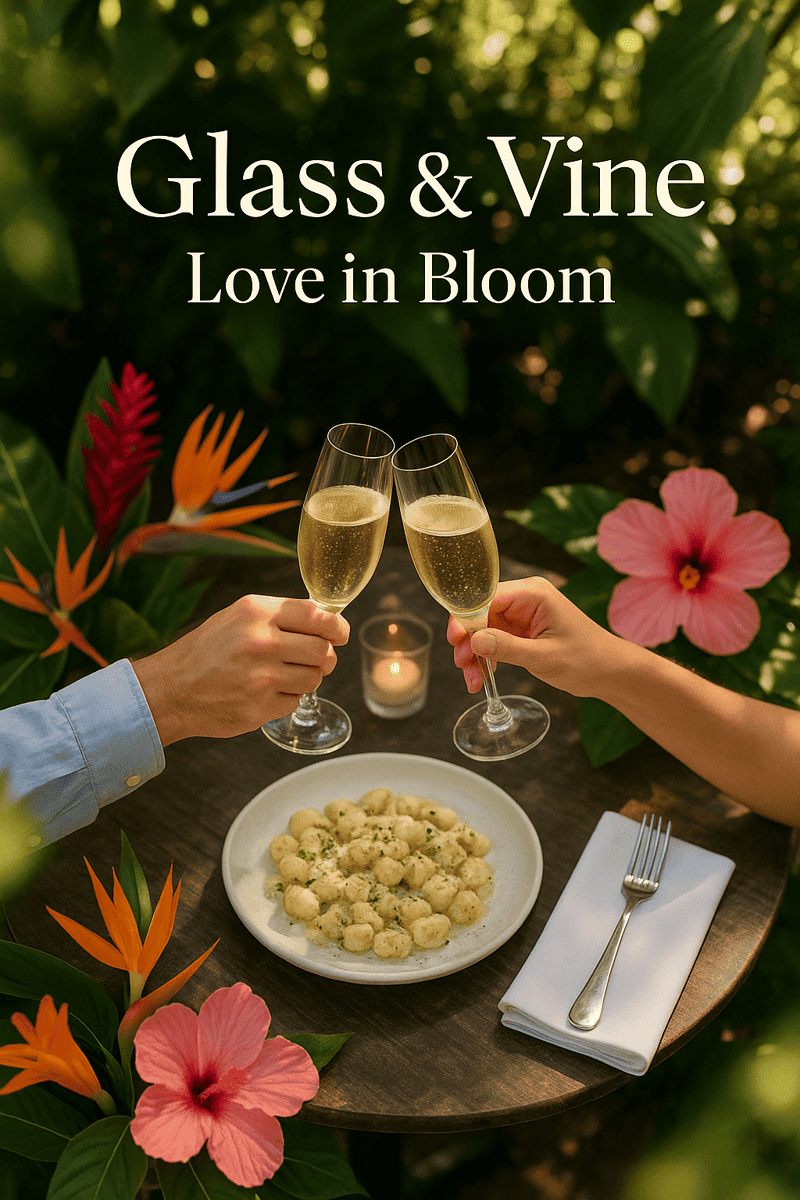 Romantic garden patio table with champagne and gourmet dishes at Glass & Vine.